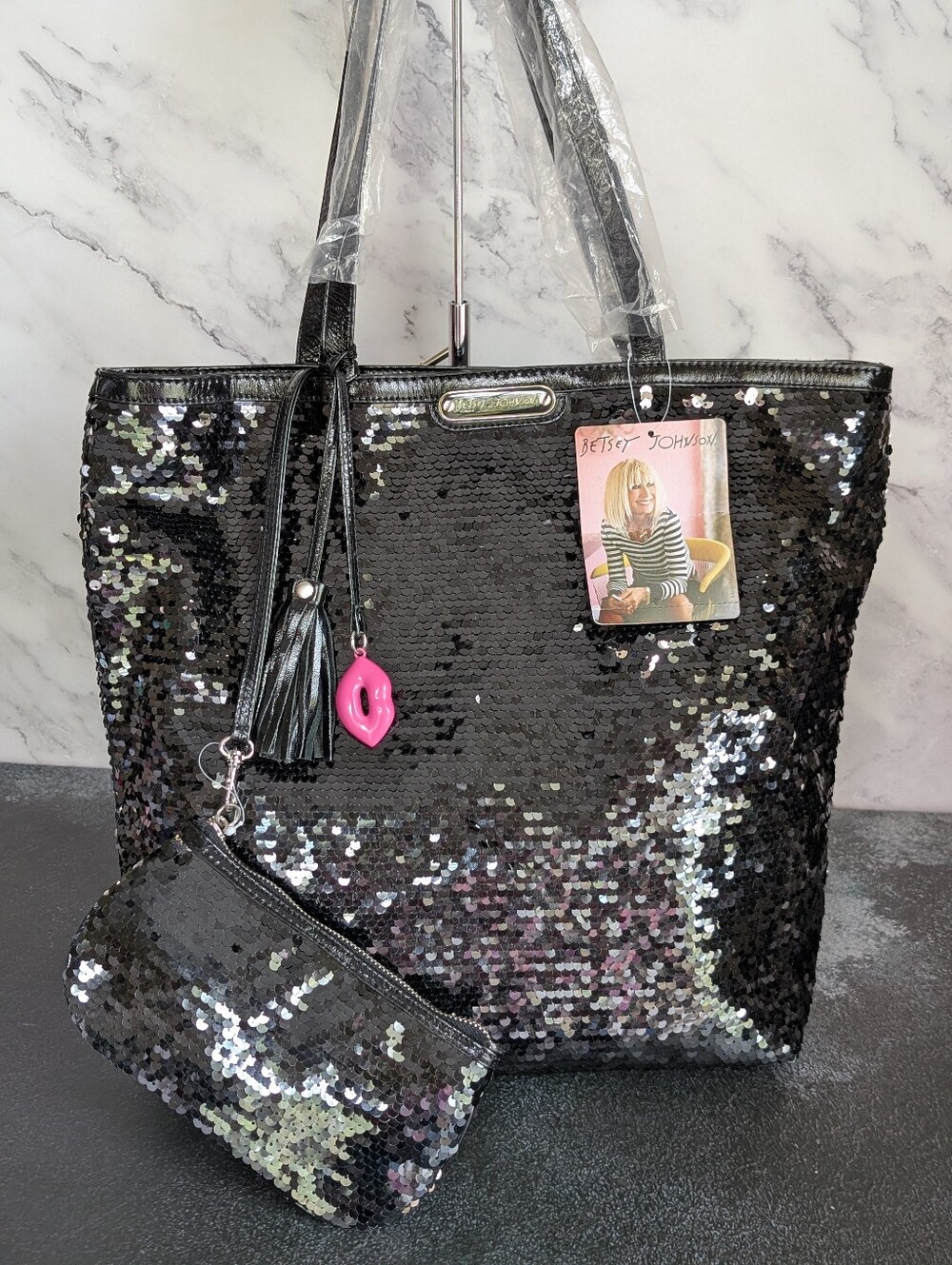 Betsey Johnson Get Glitzy Shopper Tote with Detachable Pouch